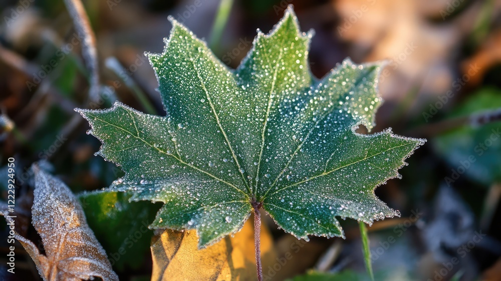Poster close up of a green leaf adorned with morning dew highlighting natural beauty and featuring empty sp