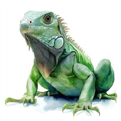 Fototapeta premium A vibrant green iguana perched gracefully, showcasing its intricate scales and vivid colors in a serene setting