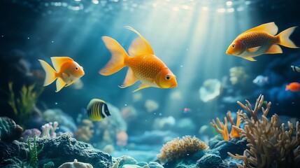 Fototapeta premium A vibrant underwater scene with colorful fish swimming among corals.