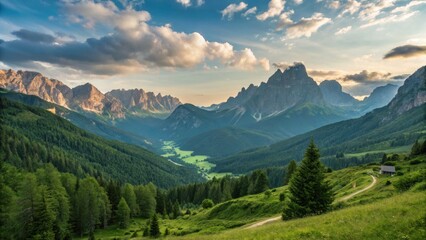 Fototapeta premium Serene Mountain Valley: A breathtaking panorama of a verdant valley nestled amongst towering mountains, bathed in the soft light of the setting sun.