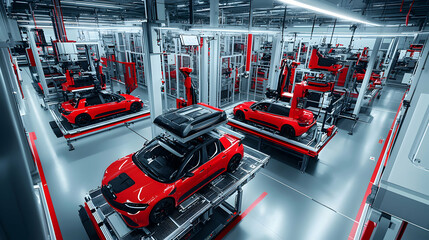 Automated manufacturing process automotive industry digital production modern factory aerial view high-tech innovation
