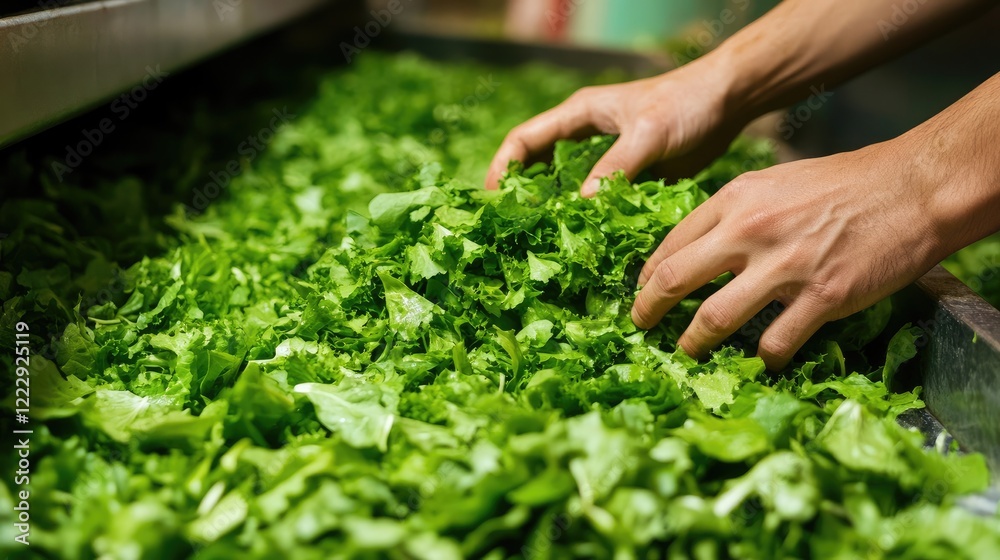 Poster Hands sorting freshly harvested green lettuce in a vibrant agricultural setting with ample space for adding text or messaging