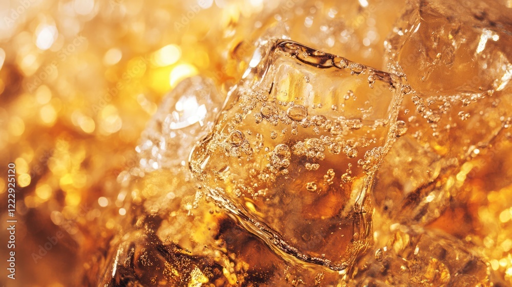 Aufkleber Melting ice cubes in a glass of beverage with warm tones and space for text or branding in a refreshment themed concept