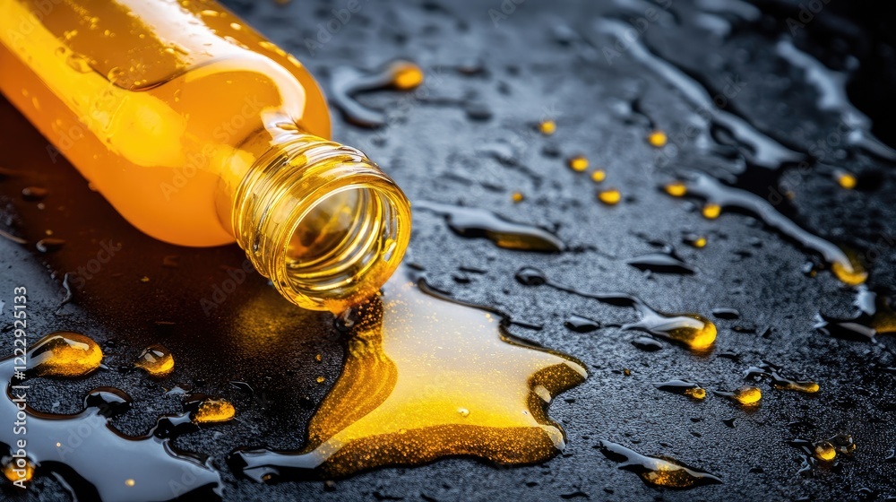 Aufkleber close up of a glass bottle spilling fresh orange juice on a dark surface with reflective droplets an