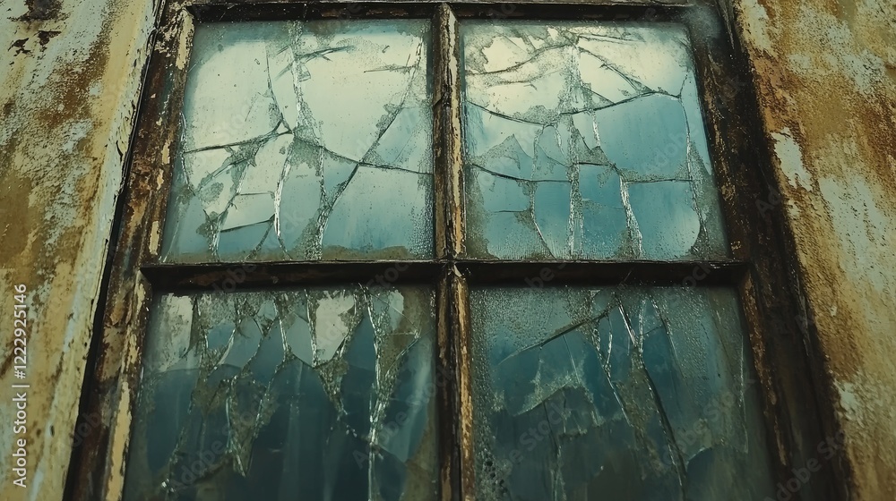 Poster close up of a vintage cracked window with broken glass showcasing weathered textures and empty space