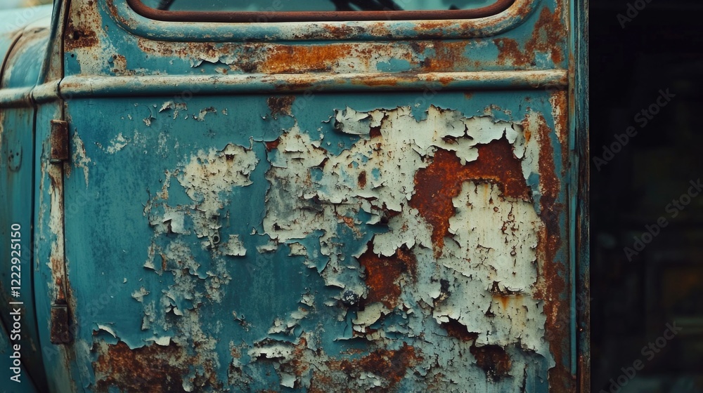 Poster vintage rusty truck door with peeling paint showcasing detailed textures and ample empty space for c