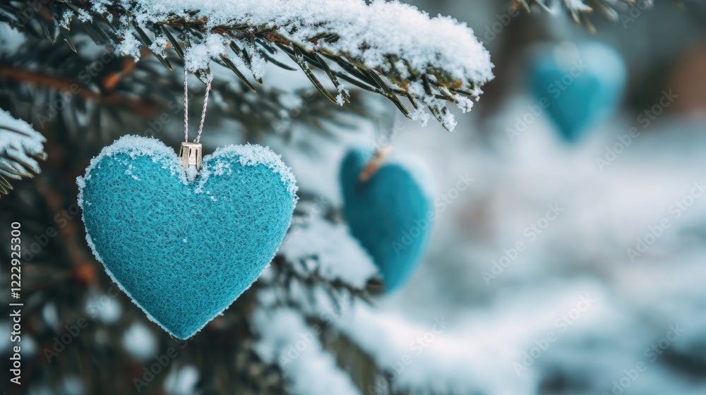 Poster Turquoise heart shaped ornaments on a snow covered tree with soft focus background and space for text or seasonal messaging
