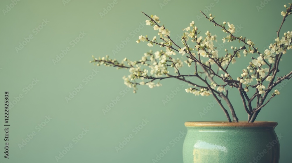Poster green flower pot with branches and delicate blooms on a solid color background ideal for text placem