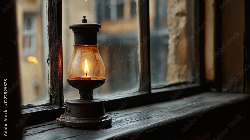 Fototapete Historic gas lamp illuminating a rustic windowsill with natural light and ample copy space for adding text or branding.