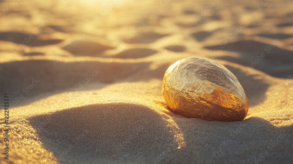 Poster golden pod resting on sandy beach with warm sunlight creating a serene atmosphere and ample space fo