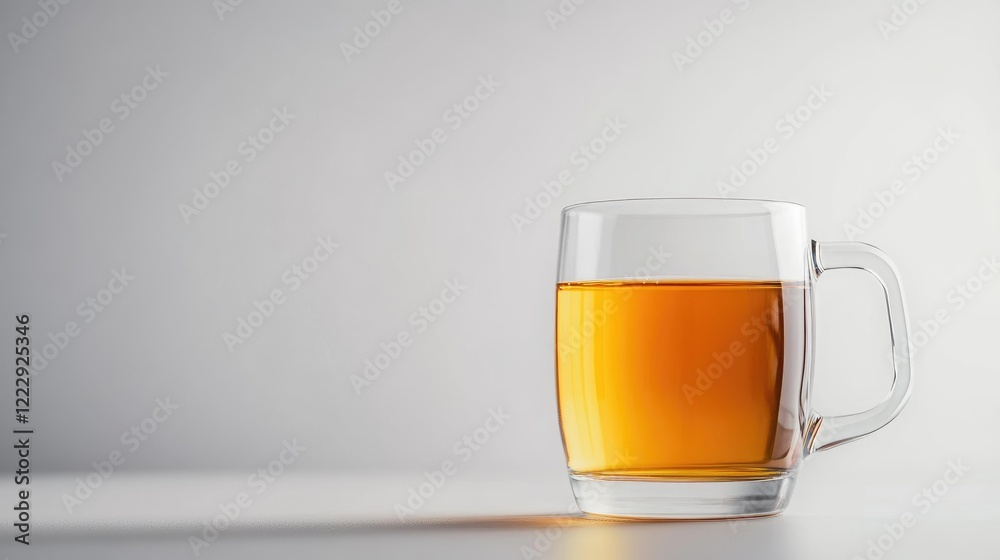 Aufkleber Close up of a transparent glass mug filled with refreshing orange juice on a minimalistic white background with space for text