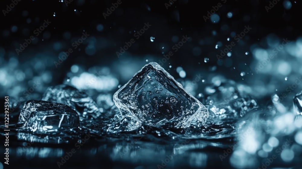 Poster Close up of ice cubes splashing in water with dark background and space for text or design elements for creative compositions