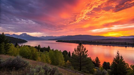 Fiery Sunset over Mountain Lake: A dramatic panorama unfolds.