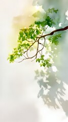 Delicate Watercolor Painting of Sunlight Filtering Through Branches and Leaves, a Tranquil Nature Scene