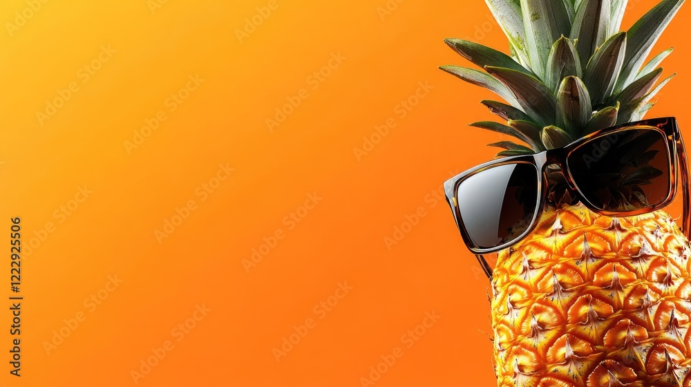 Poster pineapple wearing sunglasses against bright orange background with empty space for text perfect for 