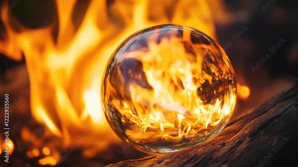 Poster close up of a glass orb reflecting flames with vibrant colors and space for text in artistic composi