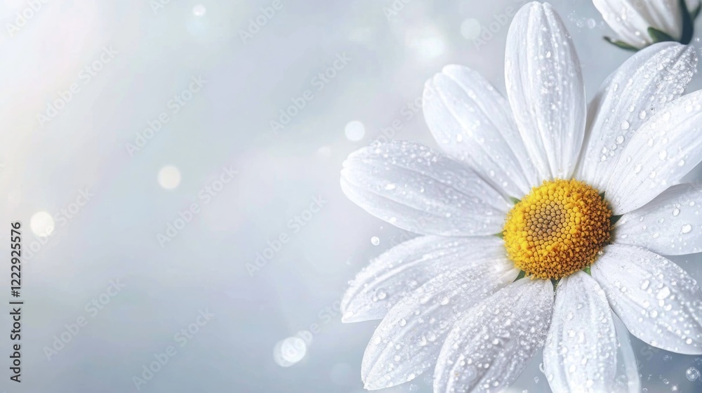 Poster close up of a fresh white daisy flower with dew drops on petals against a soft blurred background id