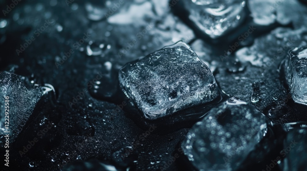 Poster Ice cubes with water droplets on a dark surface creating a refreshing atmosphere with ample copy space for beverage or summer promotions