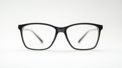 Fototapeta premium Black frame glasses on a white background with empty space for text and design elements suitable for optical or fashion marketing