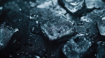 Fototapeta premium Ice cubes with water droplets on a dark surface creating a refreshing atmosphere with ample copy space for beverage or summer promotions