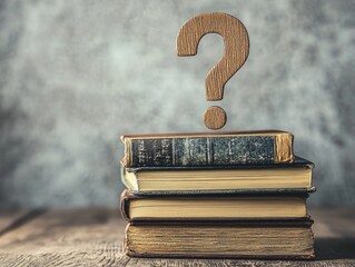 Stack of books with question mark