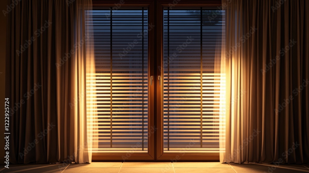 Aufkleber elegant curtains and blinds on a glass door illuminated by flood light creating a warm ambiance with