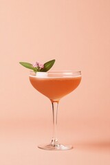 Elegant cocktail garnished with fresh leaves and flower, set aga