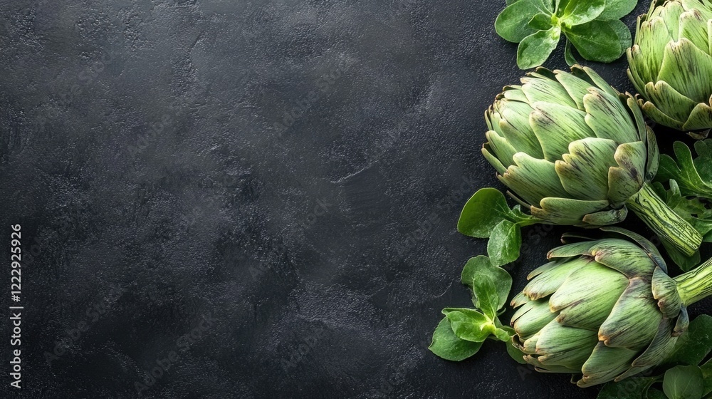 Poster close up of fresh artichokes with green leaves on dark textured background for healthy eating concep