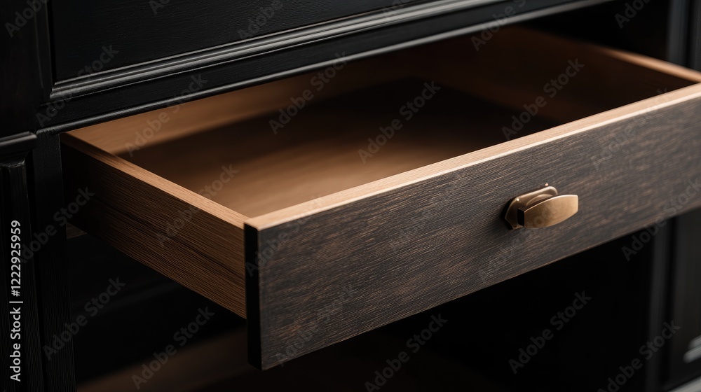 Poster Close up of an empty wooden drawer in a dark cabinet with ample negative space for text or design elements for creative projects