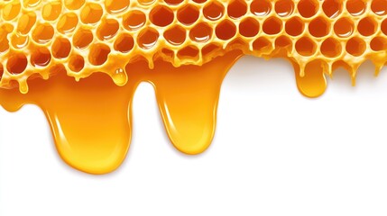 Close up of honeycomb with golden honey dripping beautifully showcasing natural sweetness and space for text placement on white background