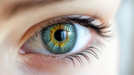 Fototapeta premium Human eye close up with vibrant iris details and abstract technology background featuring ample copy space for text and graphic design elements.