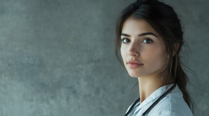 Fototapeta premium Confident young female doctor with stethoscope against gray background showcasing professionalism and readiness for healthcare challenges