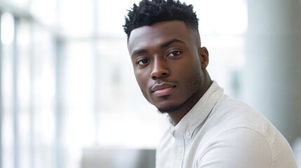 Obraz premium Confident young African American man in a contemporary office setting with ample space for text and branding opportunities.