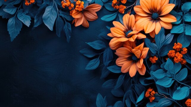 Vibrant flower arrangement featuring orange blooms and dark blue foliage with ample copy space for elegant text or message.