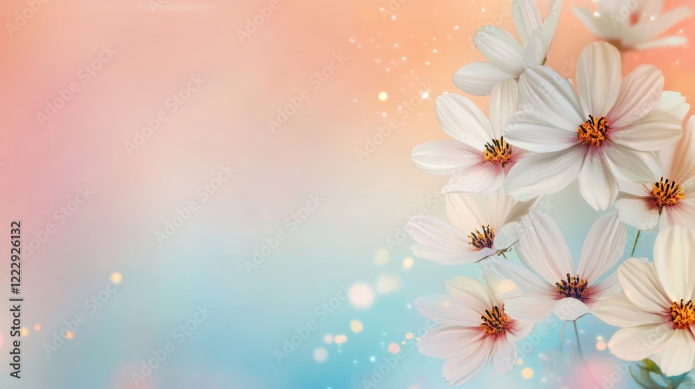 Poster close up of delicate white daisies against a dreamy blurred background with soft colors and ample sp
