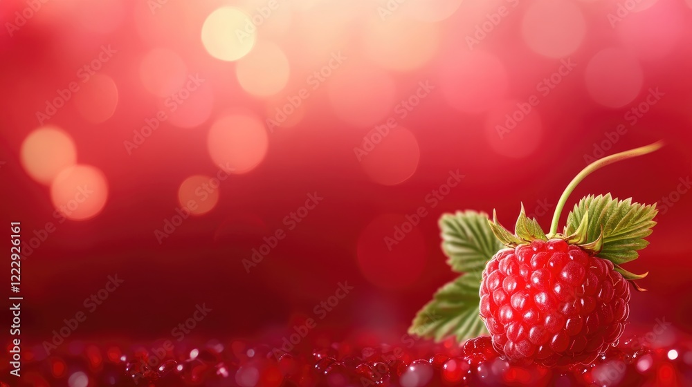 Poster Close up of a fresh ripe raspberry on a soft blurred red background with ample space for text or design elements