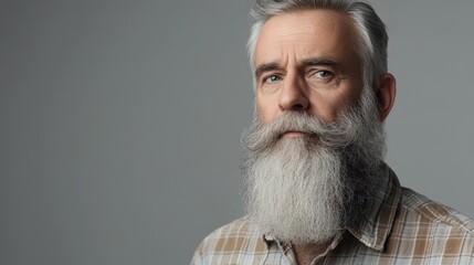 Fototapeta premium Confident mature man with a prominent beard against a gray backdrop offering ample space for text or design elements