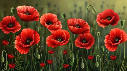 Fototapeta premium Vibrant 3D Red Poppy Flower Field Blooming in Realistic Style