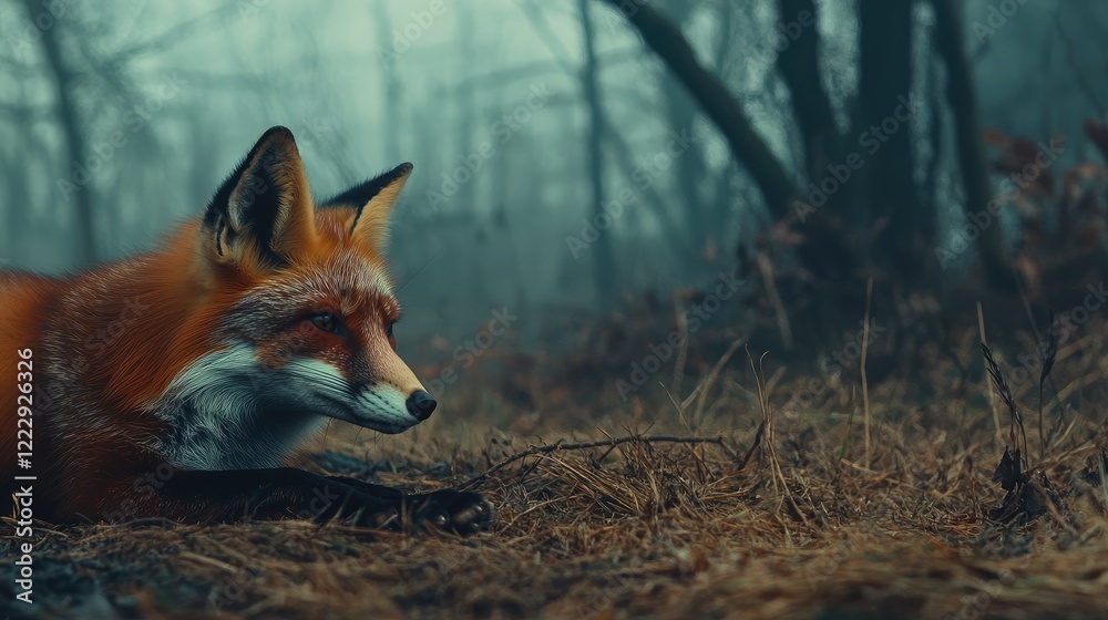 Poster Close up of a serene fox resting on the grass in a foggy forest surrounded by bare trees with space for text inclusion