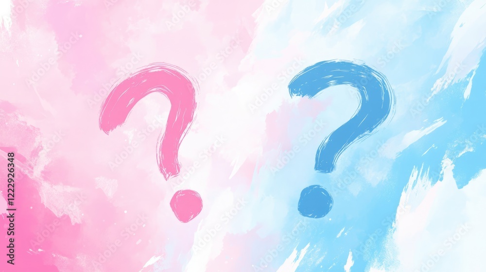 Poster conceptual question marks in pink and blue hues with a soft painted background and ample empty space