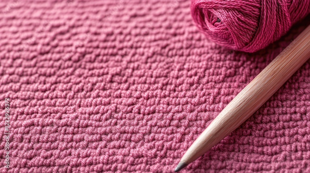 Poster crochet hook and pink cotton yarn on textured knitting backdrop with ample space for text or design 
