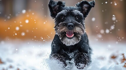 Happy Miniature Schnauzer Running Through Winter Snow