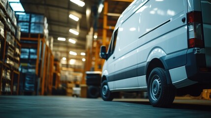 Naklejka premium Hollow text logo from van stored in warehouse for repair with empty space for branding and vehicle in focus on warehouse background