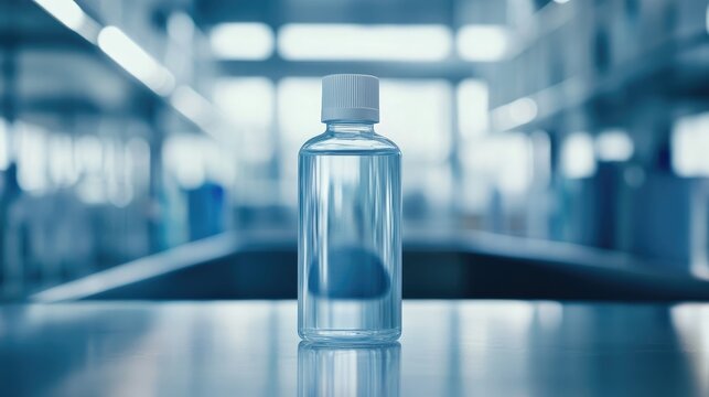 Hand sanitizer bottle in a clinical setting with empty space for text showcasing hygiene and safety in healthcare environments