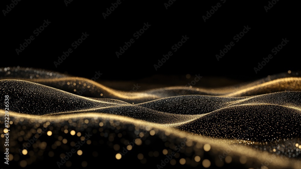 Poster shimmering golden wave particles on a black background with ample space for text and design elements