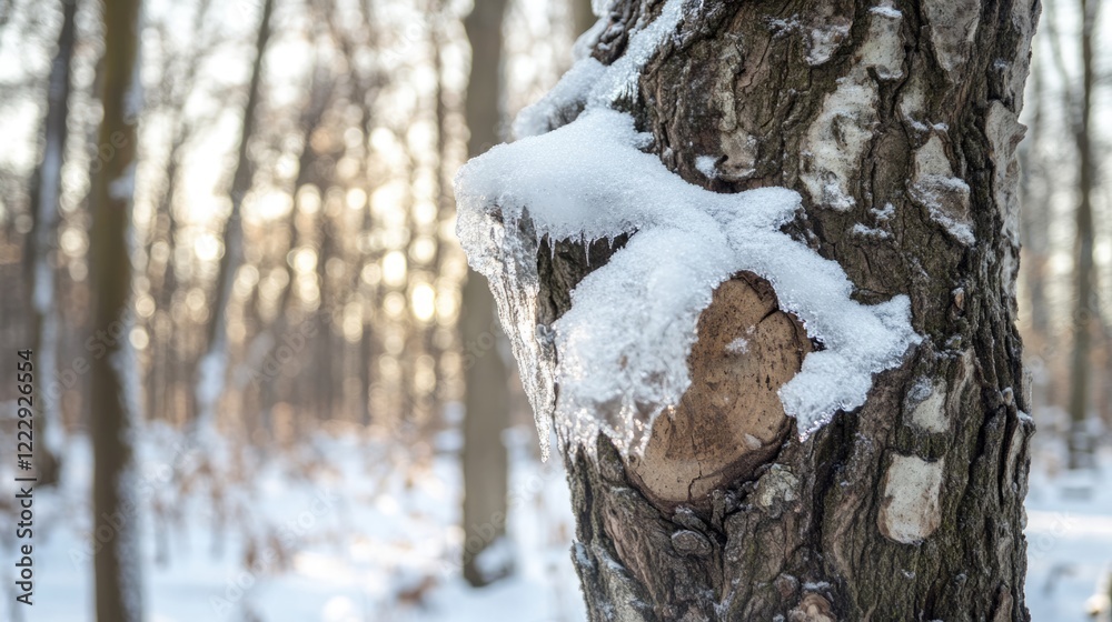 Poster icy tree close up in winter forest with blurred background and space for text showcasing nature's be