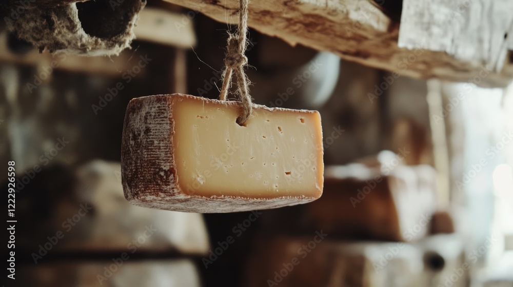 Poster Close up of aged cheese hanging in rustic setting with empty space for creative text or branding use