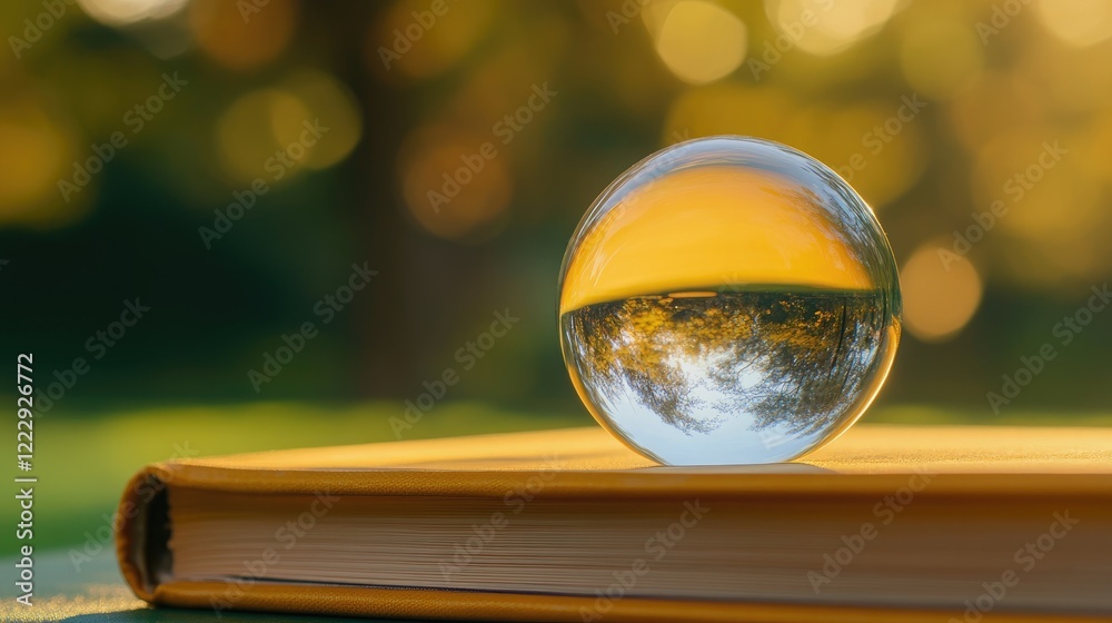 Leinwandbilder glass orb on a yellow book with blurred background and empty space for text in a serene outdoor sett