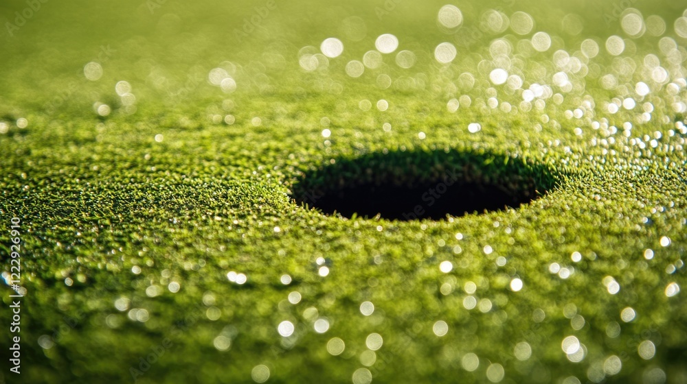 Aufkleber Close up of dew-covered green grass with a golf hole creating a serene atmosphere and ample space for text or branding.