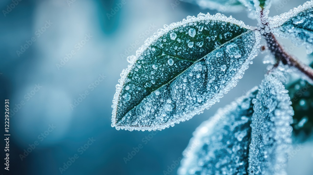 Poster close up of frosted green leaves with dew drops and a soft blue background ideal for nature themed d
